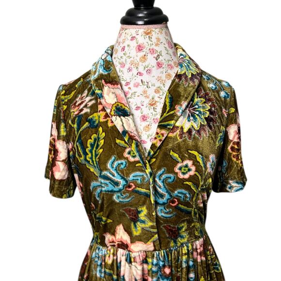 Tuckernuck Green Floral Velvet Dress Maxi Midi Size Small Olive Moss Botanical - Picture 2 of 6